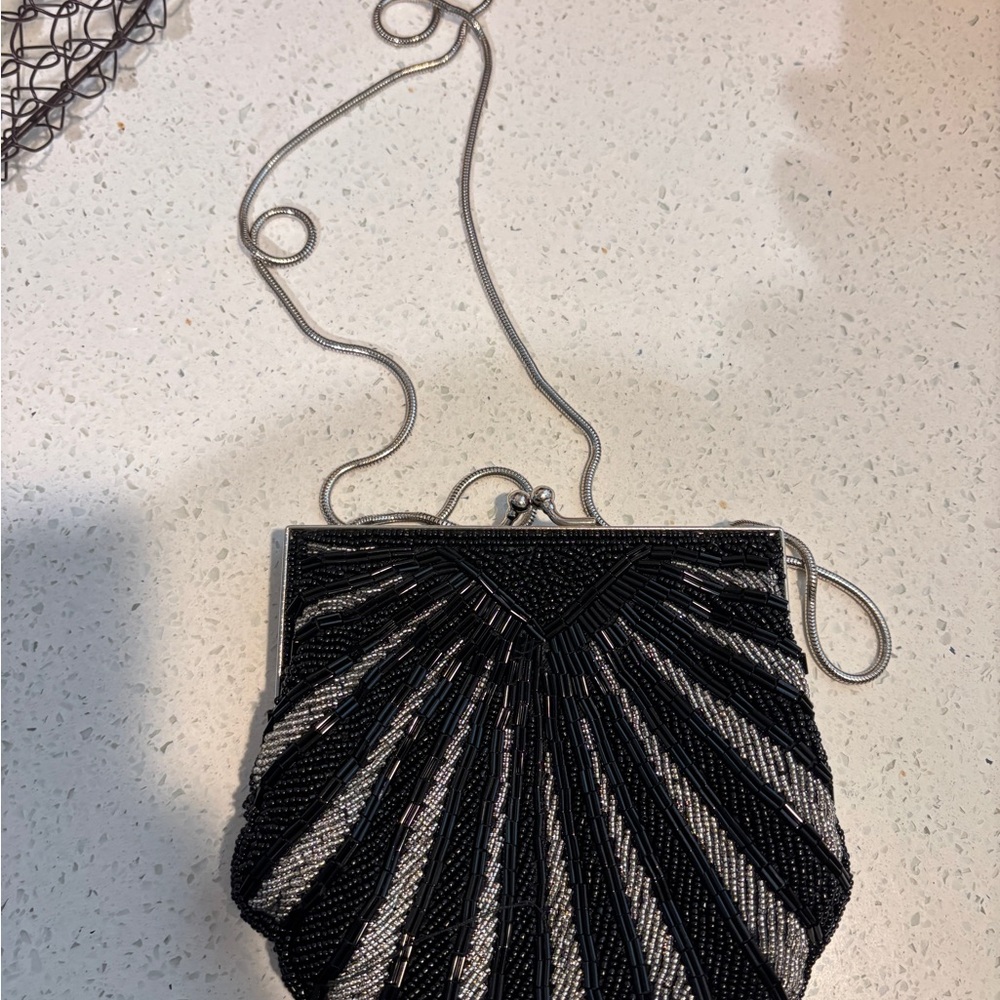 Vintage Elegant Black and Silver Beaded Evening Bag